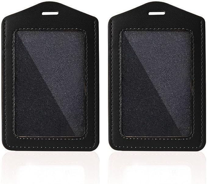 Larpur Pack of 2 Genuine Leather Badge Holders with 1 Clear ID Window, Vertical ID Card Holders for Work, School, Exhibition, Black