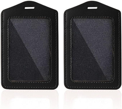 Larpur Pack of 2 Genuine Leather Badge Holders with 1 Clear ID Window, Vertical ID Card Holders for Work, School, Exhibition, Black