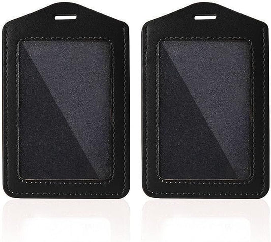 Larpur Pack of 2 Genuine Leather Badge Holders with 1 Clear ID Window, Vertical ID Card Holders for Work, School, Exhibition, Black
