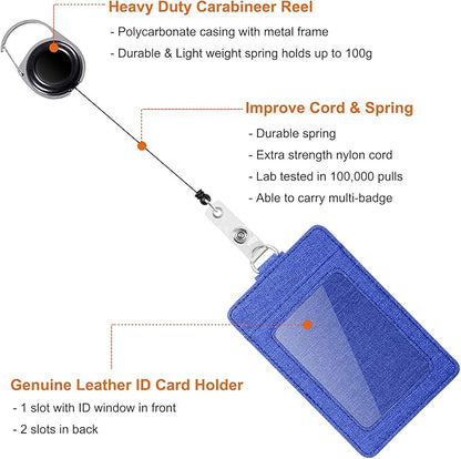 Life-Mate Badge Holder - Leather ID Badge Card Holder Wallet Case with 3 Cards Slot and Neck Lanyard/Strap. Additional Retractable Badge Reel with Belt Clip (Blue, Linen Finish)