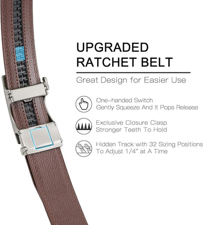 SENDEFN Men's Leather Belt Automatic Ratchet Buckle Slide Belt for Dress Casual Trim to Fit with Gift Box