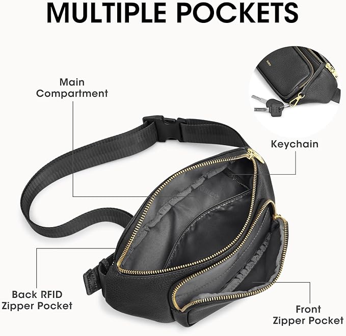 Kattee Fanny Packs for Women, Leather Crossbody Bags for Women Trendy, Small Belt Bag,Fashion Waist Packs with RFID Blocking, Black