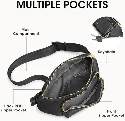 Kattee Fanny Packs for Women, Leather Crossbody Bags for Women Trendy, Small Belt Bag,Fashion Waist Packs with RFID Blocking, Black