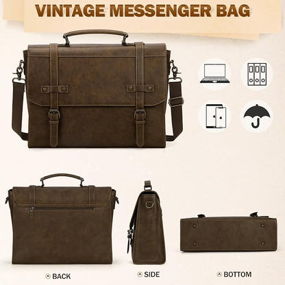 RAINSMORE Mens Messenger Bag 17 Inch Waterproof Vintage Leather Laptop Briefcase Large Laptop Bag Satchel Bag Computer Shoulder Bag for Office Business Travel College,Dark Brown