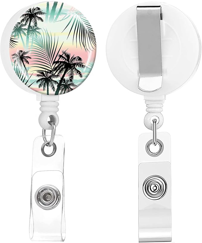 2 Pack Badge Reels Holder Retractable with ID Clip for Nurse Name Tag Card Nursing for Doctor Teacher Student Employee Office Medical Work (Tropical Palm)