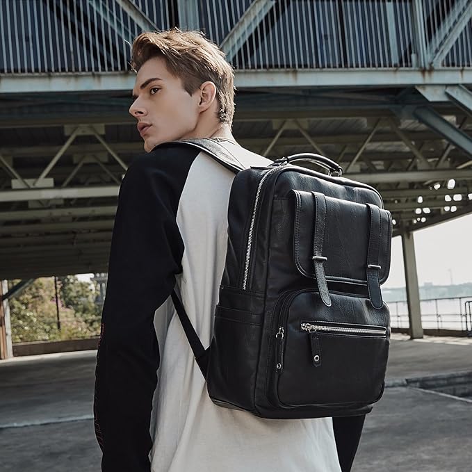 Leather Backpack Laptop 15.6 inch Lightweight Retro Business College Casual Travel Overnight Daypack Work backpack black Gift