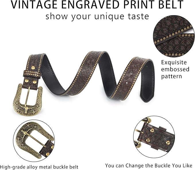 INOGIH Adjustable-Vintage-Western-Cowboy-Belt Women Men - Cowboy-Style Engraved-Buckle Belt for Jeans Pants Dresses