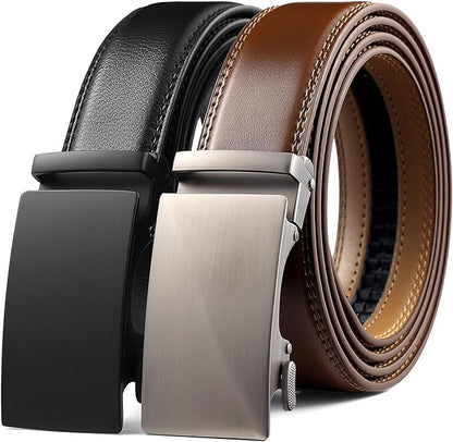 Founders & C Mens Belt 2 Pack,Leather Ratchet Click Belt Dress with Slide Buckle 1 3/8" in Gift Set Box- Size Adjustable
