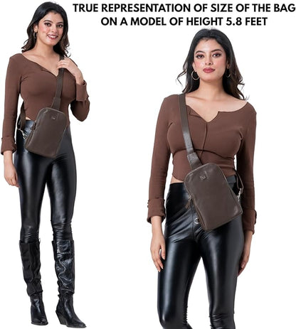 Leather Sling Bag for Women Genuine Crossbody Purse Small Trendy Cross Over Chest with Phone and Credit Card Slots (Brown Nappa)