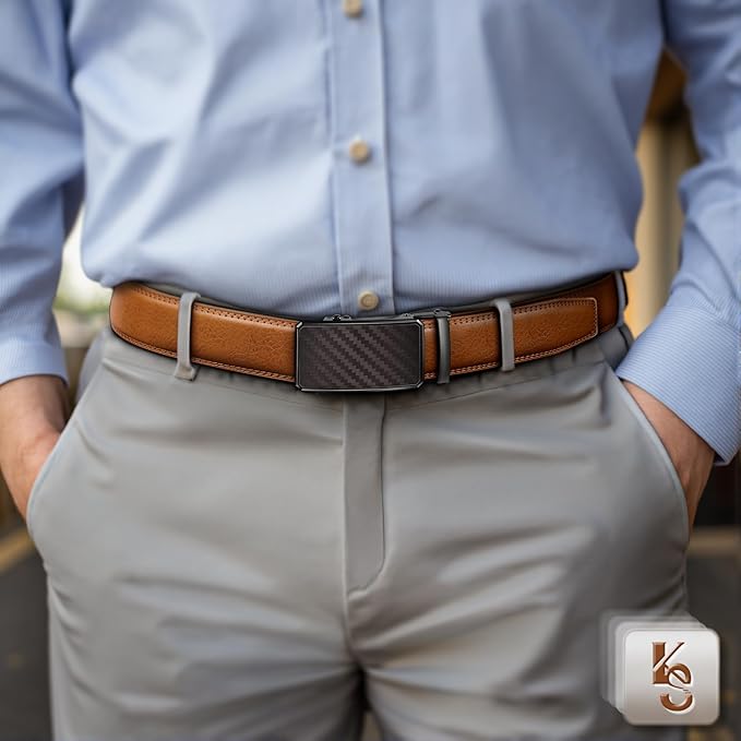 KEMISANT Men Belt Ratchet Click Belt Genuine Leather Adjustable For Men Golf Dress Casual Jeans 1 3/8-Cut For Fit