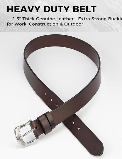 Mens Heavy Duty Full Grain Leather Belt - 1 1/2 Italian Genuine Leather with Sturdy Buckle for Jeans Casual Pants