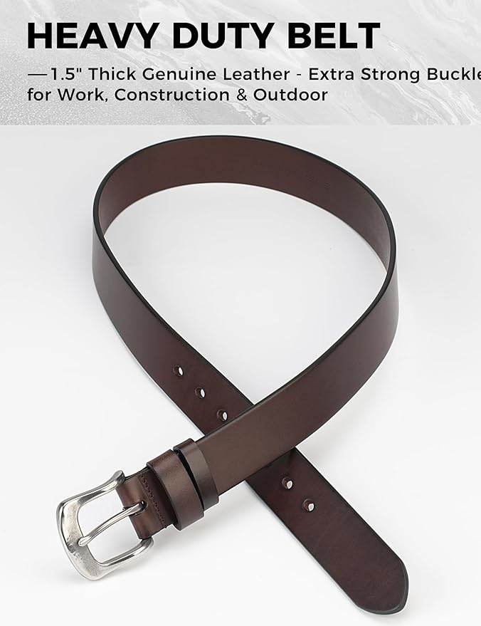 Mens Heavy Duty Full Grain Leather Belt - 1 1/2 Italian Genuine Leather with Sturdy Buckle for Jeans Casual Pants