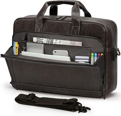 RAINSMORE Mens Laptop Bag 16 Inch Leather Briefcase Vintage Messenger Bag for Men Large Crossbody Shoulder Office Computer Bag Retro College Satchel for Work, Business,Travel, Coffee