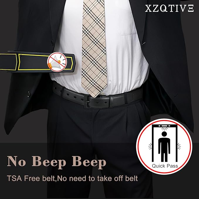 XZQTIVE TSA Belt For Men Metal Free Dress Belts Hypoallergenic Leather Belt With Black Buckle Nickle Free