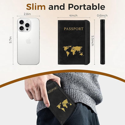 Passport Holder for Travel Women Men - Passport Cover Wallet with Airtag Slot - RFID Blocking PU Leather Passport Holder Case with Card Holder, Pen Slot - Black