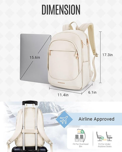 LIGHT FLIGHT Travel Laptop Backpack for Women, 15.6 Inch Backpack with USB Charging Hole, Water Resistant College Bookbag, Large Capacity Black Computer Backpacks for Work, Warm Beige
