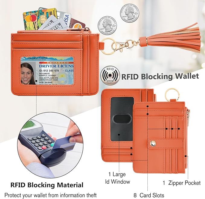 KNGITRYI Wallet Keychain Wristlet for Women,Slim RFID Credit Card Holder Purse Tassel Keychain Bangle Key Ring for Men Women