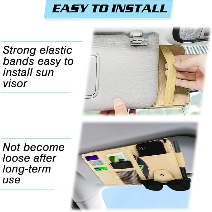 Car Sun Visor Organizer, Leather Pocket Organizer Sunglass Holder for Car Interior Accessories with Multi-Pocket Net Zipper, Beige