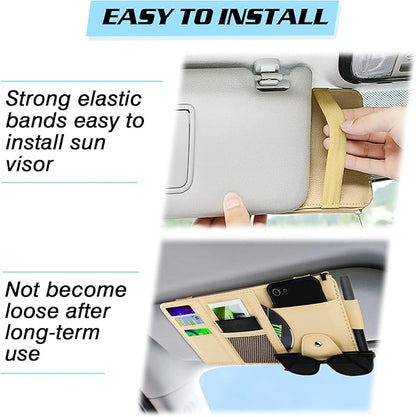 Car Sun Visor Organizer, Leather Pocket Organizer Sunglass Holder for Car Interior Accessories with Multi-Pocket Net Zipper, Beige