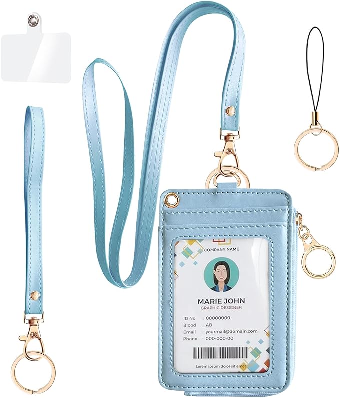 bolimoss 2-in-1 ID Badge Holder & Lanyard Wallet Women Leather Vertical ID Badge Card Holder with Detachable Wristlet & Neck Lanyard, 1 Clear ID Window, 4 Credit Card Slots, 1 Cash Coin Slot Baby Blue