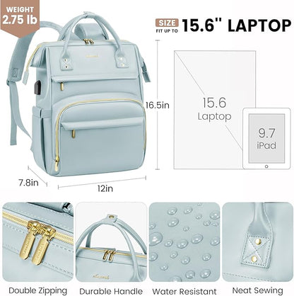 LOVEVOOK Leather Laptop Backpack for Women 15.6 inch,Travel Backpack Purse Nurse Teacher Backpack Computer Laptop Bag,Professional College Business Work Bags Carry On Backpacks with USB Port,Pink Blue