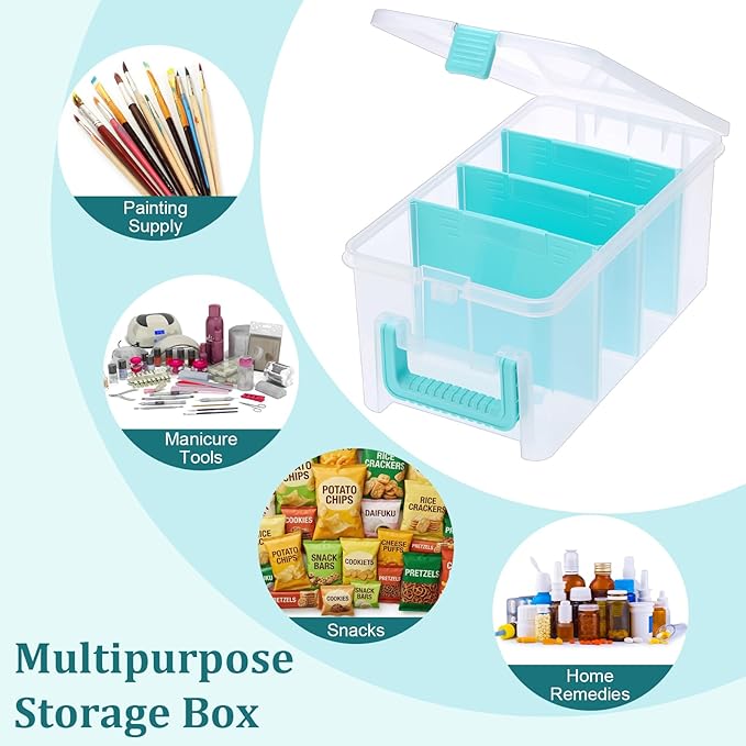 BTSKY Clear Plastic Dividing Storage Box with 4 Deep Compartments Adjustable Storage Bin with Lid Portable Craft Storage Container Multipurpose Sewing Box Art Supply Organizer, 13.9x7.9x6.2 Inches