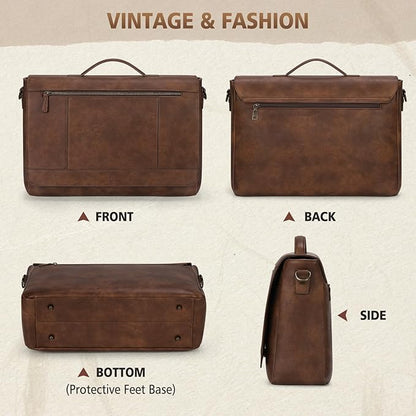 RAINSMORE Leather Messenger Bag for Men 15.6 Inch Laptop Bag Vintage Briefcase Large Computer Bag Satchel Shoulder Bag For College, Work, Business, Office, Brown