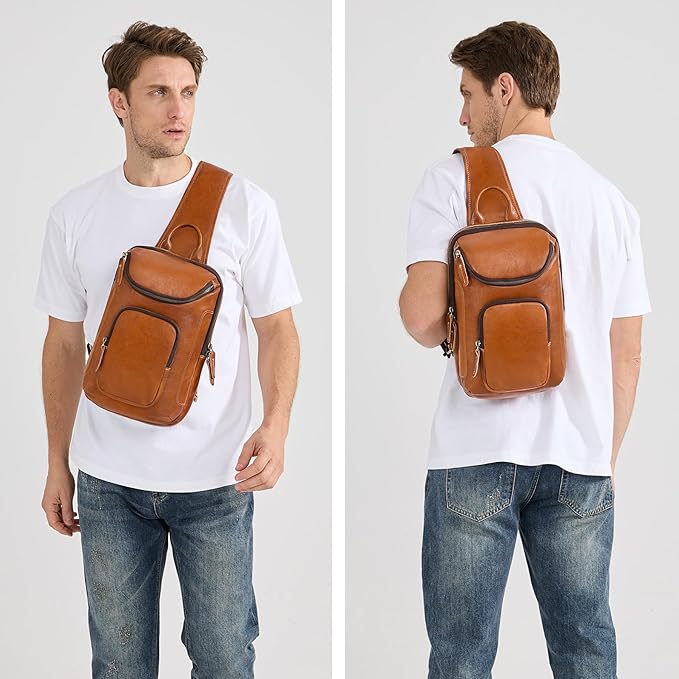 LANNSYNE Full Grain Leather Sling Bag For Men, Crossbody Chest Daypack Fits 10.5" iPad, Men’s Crossbody Bag