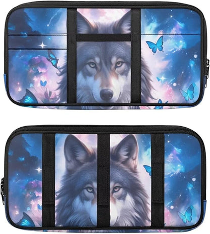Wolf Print Sun Visor Storage Bag with Zipper Pockets,Multi-Pocket Auto Visor Storage Bag Adjustable Straps Auto Interior Accessories Pocket Organizer