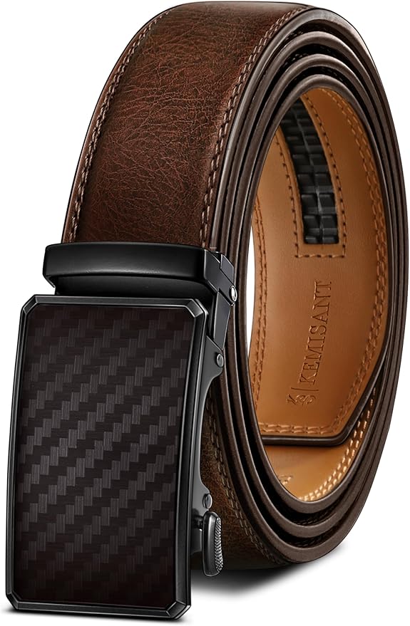 KEMISANT Men Belt Ratchet Click Belt Genuine Leather Adjustable For Men Golf Dress Casual Jeans 1 3/8-Cut For Fit