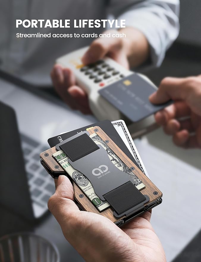 Lamicall Minimalist Metal Wallet for Men - [Mechanical Hinges][15-20 Cards] Capacity Slim Wallets, Credit Card Holder, Money Clip & Cash Strap, RFID, Gifts for Men Father Dad Mom, Metal Wooden Brown
