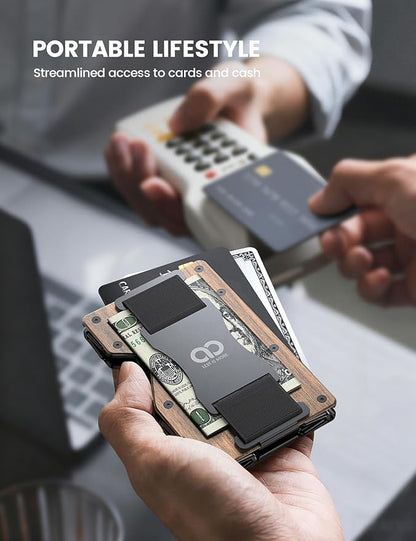 Lamicall Minimalist Metal Wallet for Men - [Mechanical Hinges][15-20 Cards] Capacity Slim Wallets, Credit Card Holder, Money Clip & Cash Strap, RFID, Gifts for Men Father Dad Mom, Metal Wooden Brown