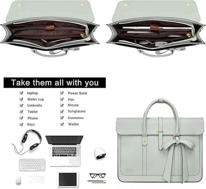 MOSISO Laptop Bag for Women, 13-14 inch PU Leather Laptop Shoulder Bags Convertible Backpack, 13.3 inch Messenger Bags Casual Handbag Work Briefcase Travel Computer Bag with Bowknot, Sage Green