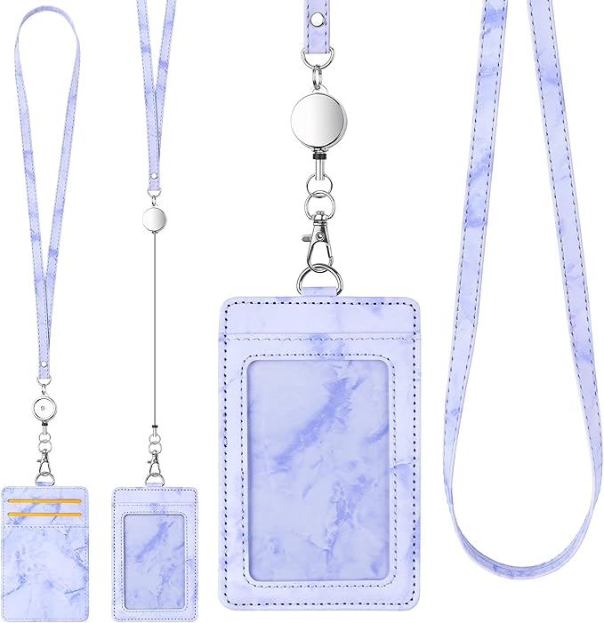 ID Badge Holder with Lanyard Marble Pattern Retractable Badge Holder PU Leather with Clear ID Window 1 Credit Card Case Name Badge Keychain Tags Protector for Women Nurse Teacher Office (Purple)
