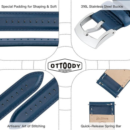 OTTOODY Leather Watch Bands Quick Release, Elegant Top Grain Leather Watch Straps for Men & Women, Choice of Color & Width - 18mm, 19mm, 20mm, 21mm or 22mm Wristbands Bracelet for Watch & Smartwatch