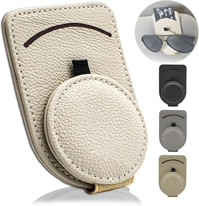 Sunglass Holder for Car Visor, Magnet Adsorbed Sunglasses Holder for Car Accessories Parts, Leather Car Sunglass Holder, Car Visor Sunglasses Clip for Glasses Cards (1PCS, Beige)