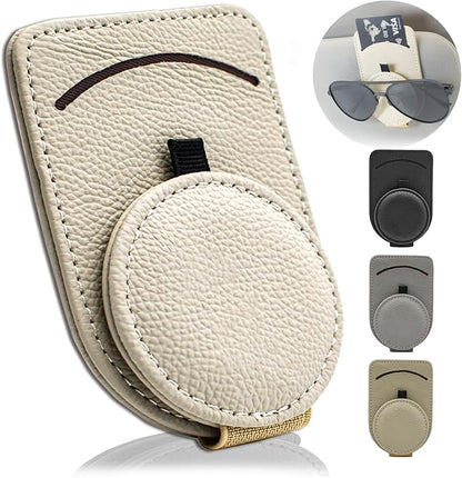 Sunglass Holder for Car Visor, Magnet Adsorbed Sunglasses Holder for Car Accessories Parts, Leather Car Sunglass Holder, Car Visor Sunglasses Clip for Glasses Cards (1PCS, Beige)