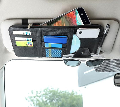 Car Sun Visor Organizer, Multifunctional Leather Sun Visor Organizer Sunglass Holder with Zipper for Car Interior Truck Accessories Men Women (Black)