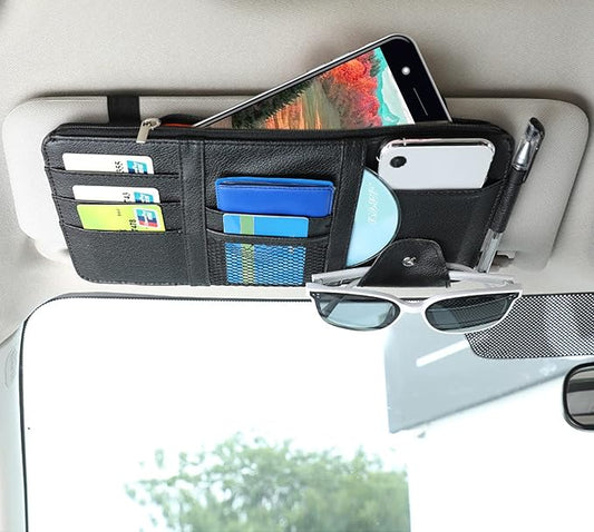 Car Sun Visor Organizer, Multifunctional Leather Sun Visor Organizer Sunglass Holder with Zipper for Car Interior Truck Accessories Men Women (Black)