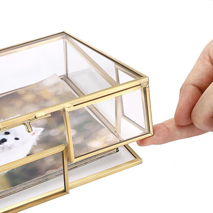 Hipiwe Gold Glass Photo Box - Vintage Photo Storage Organizer, Trinket Box Jewelry Display Organizer Photo Keepsake Box Case Home Decor (Medium)