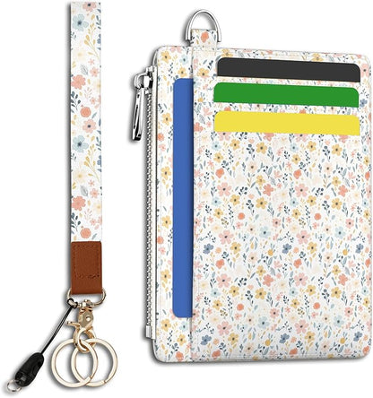 Hancynir Florals Slim Wallet Women Credit Card Holder, RFID Blocking Front Pocket Wallet Wristlet Keychain Lanyard, Small Cute Mini Card Case, Thin Travel Zipper Coin PU Leather Ladies Female Gifts