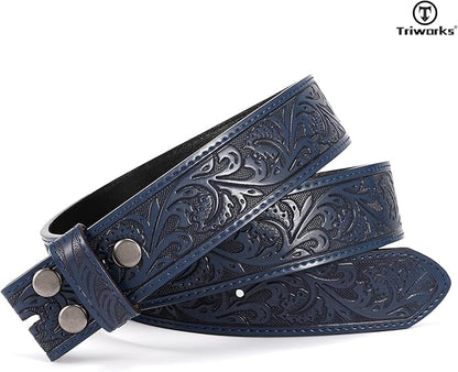 TRIWORKS Western Belt Strap for Men without Buckle 1.5" Wide Floral Engraved Embossed Leather Belt Strap