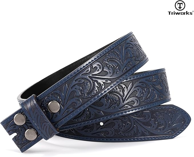 TRIWORKS Western Belt Strap for Men without Buckle 1.5" Wide Floral Engraved Embossed Leather Belt Strap