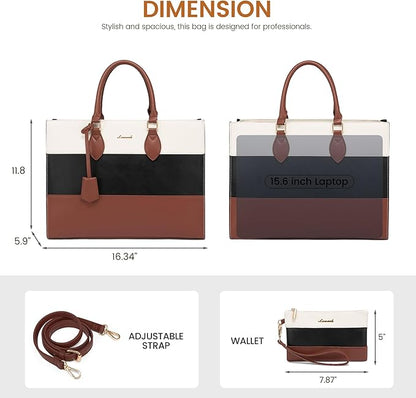 LOVEVOOK Laptop Bag for Women 15.6 Inch Waterproof Teacher Work Tote Bag Professional Office Business Computer Briefcase with Clutch Purse Large Capacity Shoulder Messenger Bag, Brown/Black/White