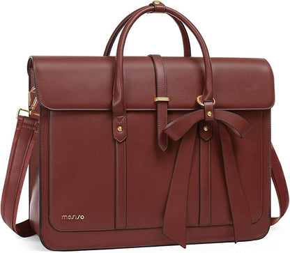 MOSISO Laptop Bag for Women, 17 inch PU Leather Laptop Shoulder Bags Convertible Backpack, 17.3 inch Messenger Bags Casual Handbag Work Briefcase Travel Computer Bag with Bowknot, Brown