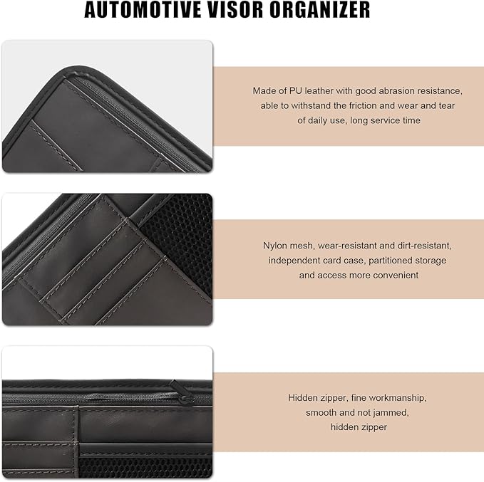 Car Sun Visor Organizer, PU Leather Multi-Pocket Visor Storage Pouch with Zipper, Auto Interior Document Holder Sunvisor Card Sleeve Pocket Organizer for Driving License Pen Key (Brown)