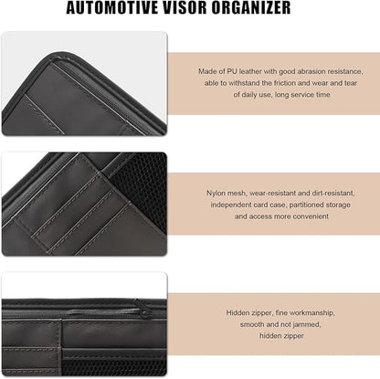 Car Sun Visor Organizer, PU Leather Multi-Pocket Visor Storage Pouch with Zipper, Auto Interior Document Holder Sunvisor Card Sleeve Pocket Organizer for Driving License Pen Key (Brown)