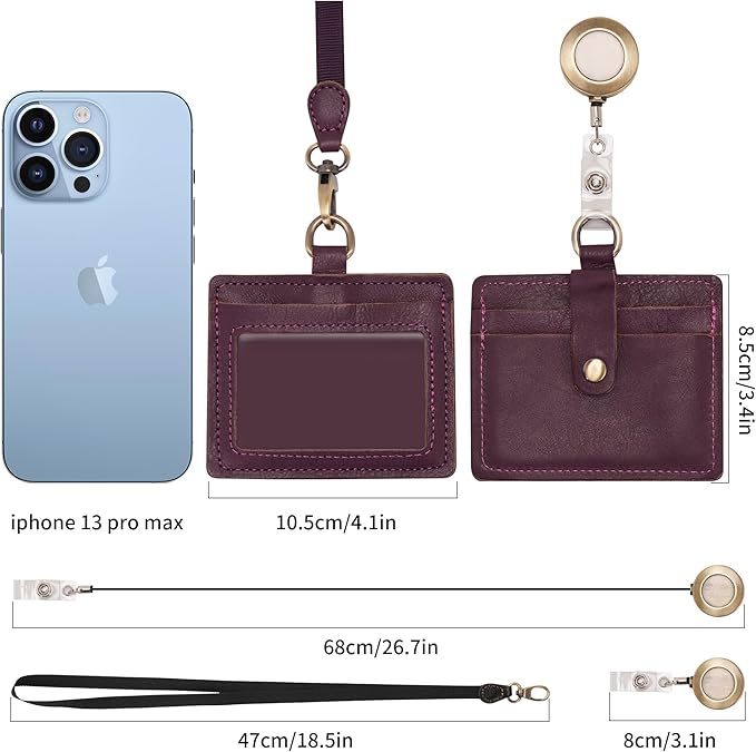 Wonderpool Leather Horizontal Badge Holder with Detachable Neck Lanyard and Retractable Badge Reel Clip, Card Slots Case ID Card Holder for ID Badges Card and Driver Licence (Purple)