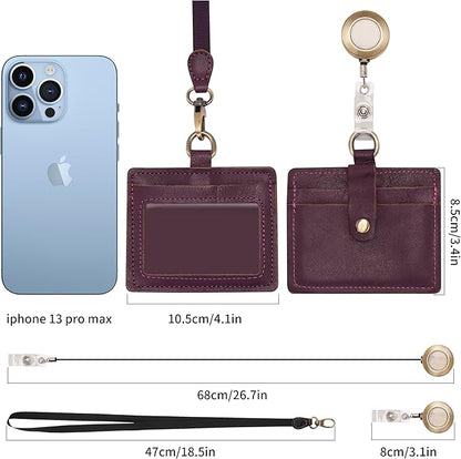 Wonderpool Leather Horizontal Badge Holder with Detachable Neck Lanyard and Retractable Badge Reel Clip, Card Slots Case ID Card Holder for ID Badges Card and Driver Licence (Purple)