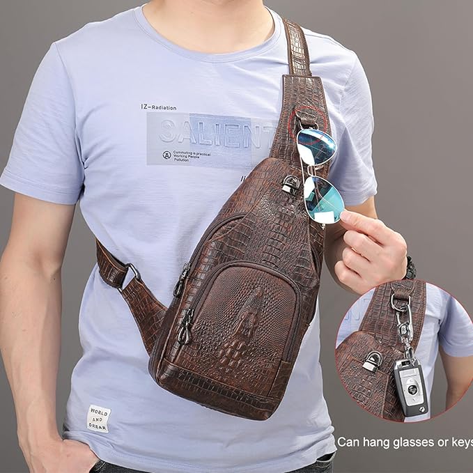 NIUCUNZH Crocodile Leather Sling Bag with Leather Strap, 3 Zipper Crossbody Shoulder Bags for Travel Hike Everyday Carry
